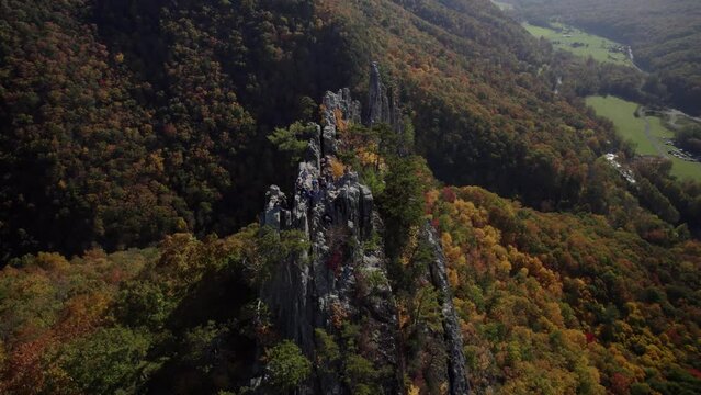 Aerial view of Seneca Rocks, West Virginia with fall foliage