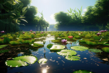 Capture the essence of tranquility—a serene pond adorned with lily pads, its surface kissed by gentle ripples. Generative AI  