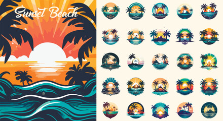 Summer beach island with palm trees in the ocean. Vector emblem of travel, holiday, resort. Vector Logo collection. - obrazy, fototapety, plakaty