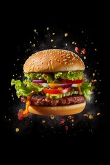 Floating burger isolated on black wooden background. Ingredients of a delicious burger with ground beef patty, lettuce, bacon, onions, tomatoes and cucumbers | Generative AI 