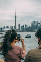 Vertical of a South East Asian couple taking photo of the view of Toronto, Canada