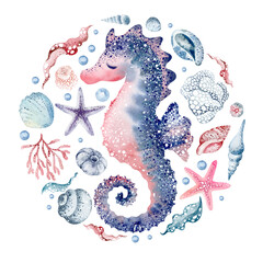 Watercolor illustrations of marine animals octopus, seahorse, crab, starfish, jellyfish. Sea life in a round illustration. Design postcard, sticker, sublimation.