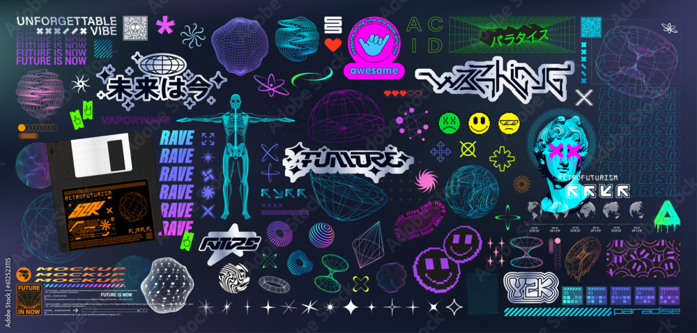 Poster elements set in y2k, retrowave style. universal geometric shapes, trippy and psychedelic elements, 3