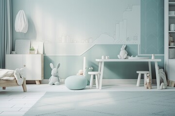 cozy childs bedroom with blue walls and white furniture. Generative AI