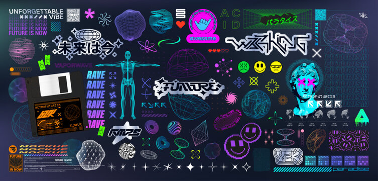 Elements set in Y2K, retrowave style. Universal geometric shapes, trippy and psychedelic elements, 3D spheres, wireframe with glitch effect. Translation from Japanese: the future is now, paradise