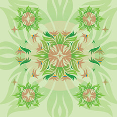 vector abstract square pattern, silk scarf design, flower, fashion textile ornament Bandanna shawl, tablecloth fabric print, silk neck scarf, green,style, etc.