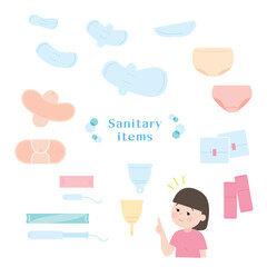 生理用品サニタリーアイテムと若い女性　4c　a