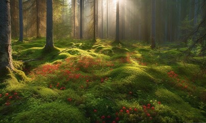  a forest filled with lots of green grass covered in red flowers and a light shining through the trees over the top of the forest floor.  generative ai