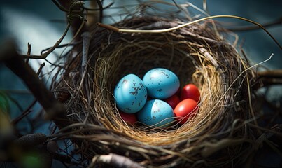 Fototapeta premium a bird nest with eggs in it on a tree branch in the dark night sky, with a few red and blue speckled eggs in the nest. generative ai