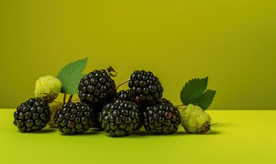  a bunch of blackberries with green leaves on a yellow background with a green background behind them and a green background with a green background.  generative ai