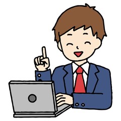 パソコン学習をする男子高校生が笑顔で指差し