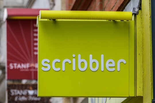 Scribber shop street sign in London, UK