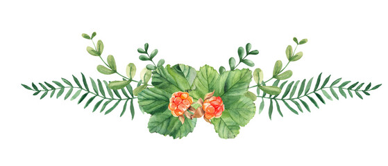 Watercolor garland summer bouquet isolated on white background. Cloudberry leaves, berries, green branches. Botanical hand drawn illustration. For greeting cards, invitations, logos.