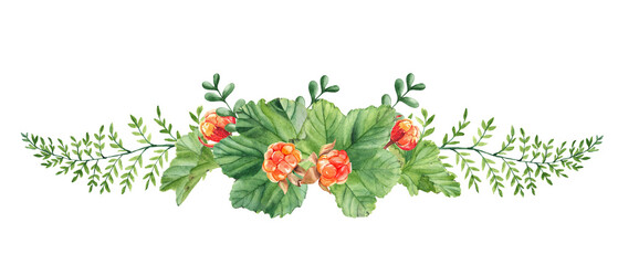 Watercolor garland summer bouquet isolated on white background. Cloudberry leaves, berries, green branches. Botanical hand drawn illustration. For greeting cards, invitations, logos.