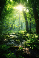 Obraz premium Witness the captivating play of light and shadow as sunlight filters through the vibrant green canopy of an enchanting forest scene. Generative AI 