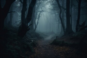 dark path leads through a foggy forest created with Generative AI technology