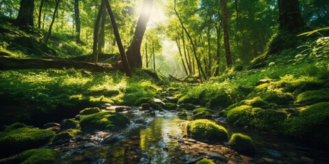 Obraz premium Witness the captivating play of light and shadow as sunlight filters through the vibrant green canopy of an enchanting forest scene. Generative AI 