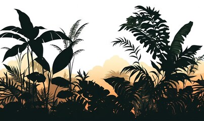  a silhouette of a tropical forest with a sunset in the background and a bird flying in the sky over the trees and plants in the foreground.  generative ai