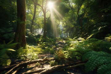 Witness the captivating play of light and shadow as sunlight filters through the vibrant green canopy of an enchanting forest scene. Generative AI  