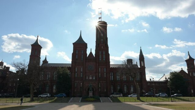 Smithsonian Castle agains the sunny blue sky in Washington DC
