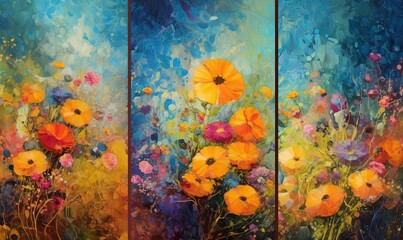 Fototapeta na wymiar three paintings of flowers on a blue and yellow background, one of which is a painting of flowers and the other is a painting of flowers. generative ai