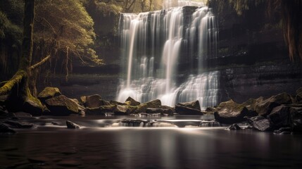 A professional waterfall photograph, allowing for long exposures and creating a silky smooth effect in the flowing water. Generative AI. 