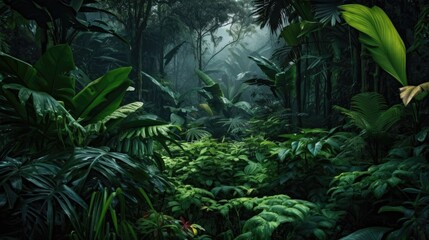 A professional rainforest photograph, highlighting the lush vegetation and intricate patterns of the dense foliage. Generative AI.  - obrazy, fototapety, plakaty