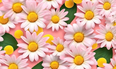  a bunch of pink and yellow flowers on a pink background with green leaves and yellow centers on the petals of the flowers, with a pink background of pink and white.  generative ai