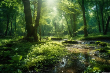 Fototapeta na wymiar Step into an enchanting forest, where sunlight weaves its magic through a lush green canopy, creating a scene of ethereal beauty. Generative AI 