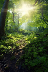 Naklejka premium Step into an enchanting forest, where sunlight weaves its magic through a lush green canopy, creating a scene of ethereal beauty. Generative AI 