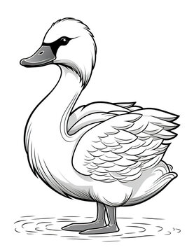 A white duck standing in the water. Generative AI. Coloring book for kids.