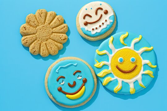 Cookies with a happy summer solstice beach holiday tropical motif shown on a sky blue backdrop. Generative AI