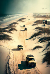 Fototapeta na wymiar Cars drive along the sandy shore. AI Generated
