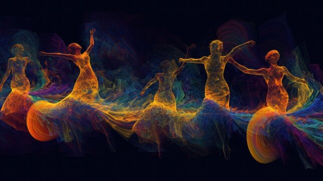 A group of women in colorful dresses dancing. Generative AI image.