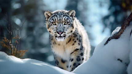 snow leopard sneaking in the snow, generated by AI