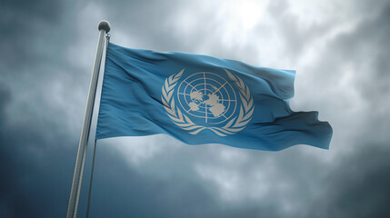 UN flag on a flagpole against a cloudy sky - obrazy, fototapety, plakaty