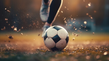 Fototapeta premium close-up moment before kicking a soccer ball, no faces, generated by AI