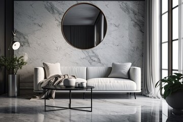 modern living room with a white couch and a round mirror as the main focal point. Generative AI
