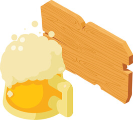 Beer degustation icon isometric vector. Foamy beer mug and wooden bar signboard. Brewing, tasting