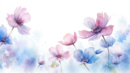 watercolor pink and blue flowers drawn on white background, AI generated