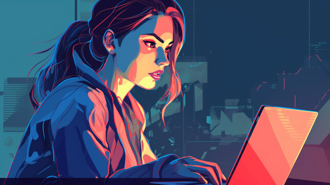 Illustration Of A Woman In Profile, Sitting At A Laptop In The Dark, With The Screen Illuminated, Created By AI