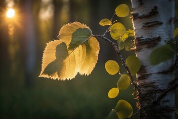 Early morning light on a birch tree leaf. The first light on the field. Generative AI