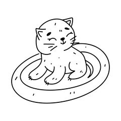 Kitten on the mat in hand drawn doodle style. Vector illustration isolated on white. Coloring page.