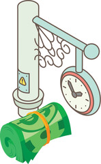 Travel expense icon isometric vector. Station clock and rolled dollar bill stack. Travel, money, spending