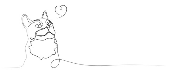 Cat face line drawing, vector illustration. Cat and heart. Home pet. The cat is human friend
