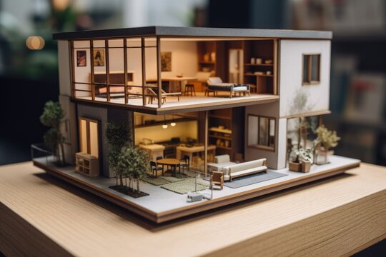 miniature house model placed on a table. Generative AI