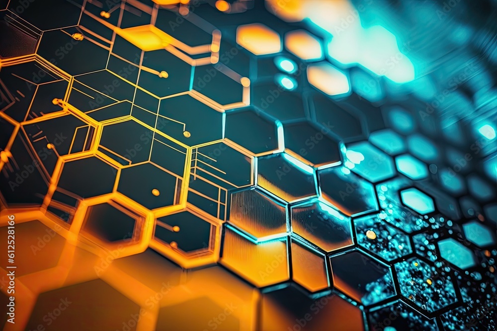Poster table filled with colorful hexagonal shapes. generative ai