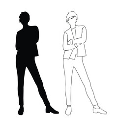 Silhouette of a woman standing, linear sketch,  business people, vector illustration, black color, isolated on white background