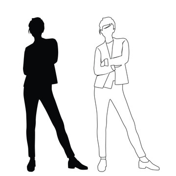 Silhouette of a woman standing, linear sketch,  business people, vector illustration, black color, isolated on white background