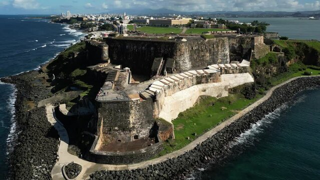 Aerial of the old Castillo San Felipe del Morro in San Juan, Puerto Rico on a sunny day